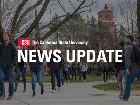 Multiple students walking on campus with the copy &quot;News Update&quot; across the center.
