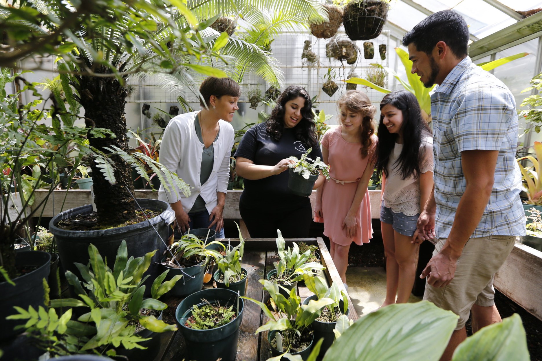 A group of five college students examining a plant in a greenhouse.