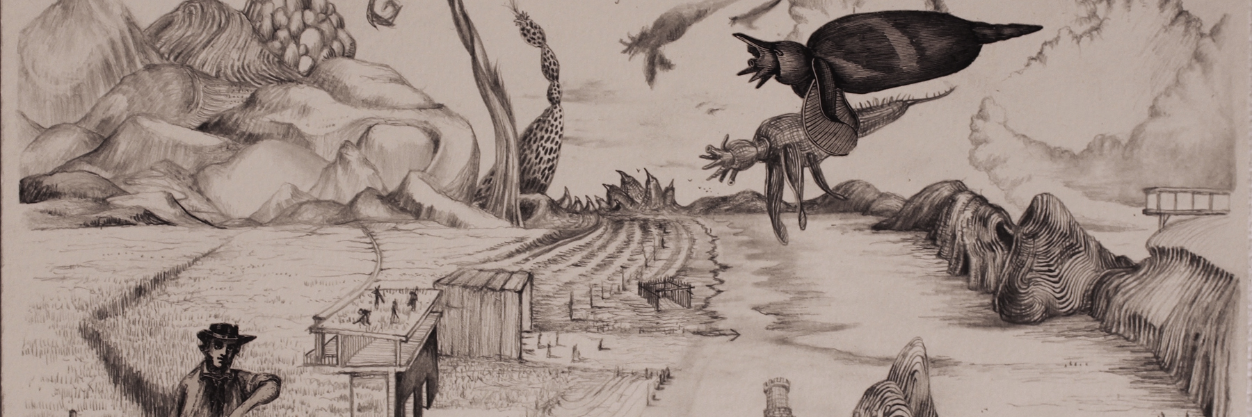Black and white drawing of a surreal landscape