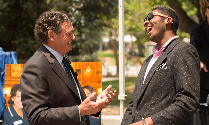 Chancellor White makes a campus visit to Cal State Fullerton in 2013.