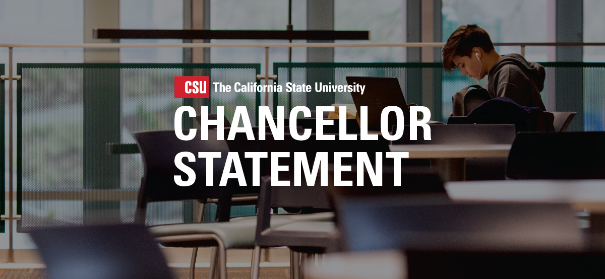Student studying in a library with copy "Chancellor Statement" across it.