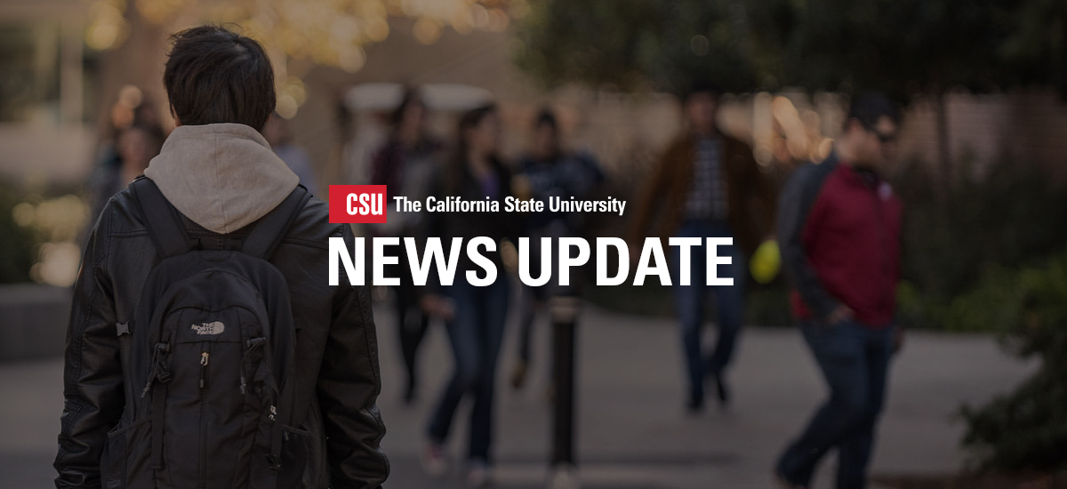 Student walking on campus with the copy "News Update" across the middle.