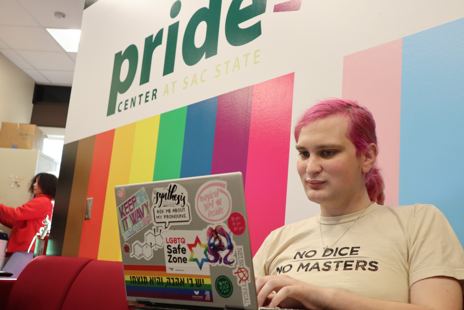 Rosie Quinzel, a computer science major, sits in the Pride Center at the University Union on February 11, 2020.