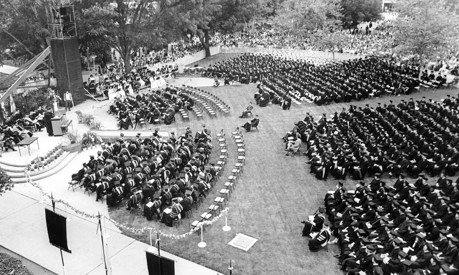 Commencement exercises on June 12, 1982, the first year faculty sat in front at Cal Poly Pomona.