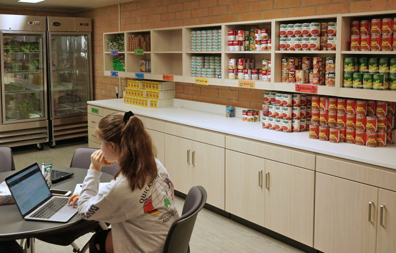 A student sits at a desk at a computer in a food pantry.