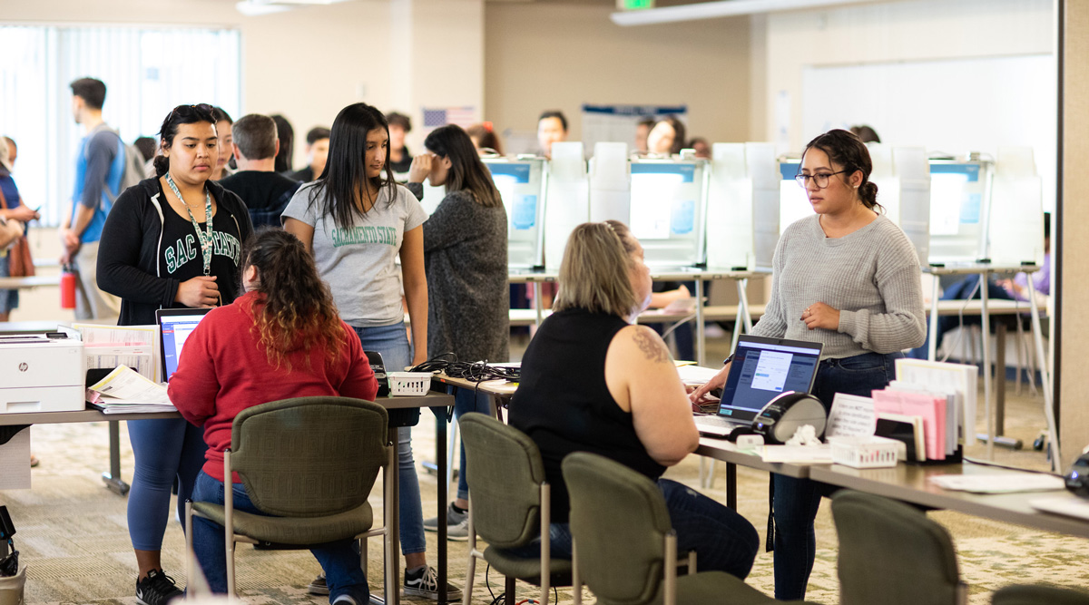 Sacramento State students cast their ballots in Modoc Hall during the March 3, 2020 primary elections.
