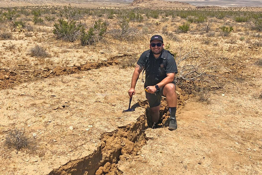 Cal State San Bernardino geology alumnus Bryan Castillo (MS, Earth and Environmental Sciences, ’19) was among several geologists, students, researchers, and others who traveled from near and far to investigate the damage wrought by the July 4 and 5 quakes near Ridgecrest.