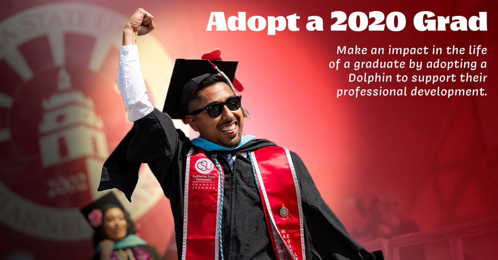 The Adopt-a-Grad poster, featuring a CSUCI student at graduation.