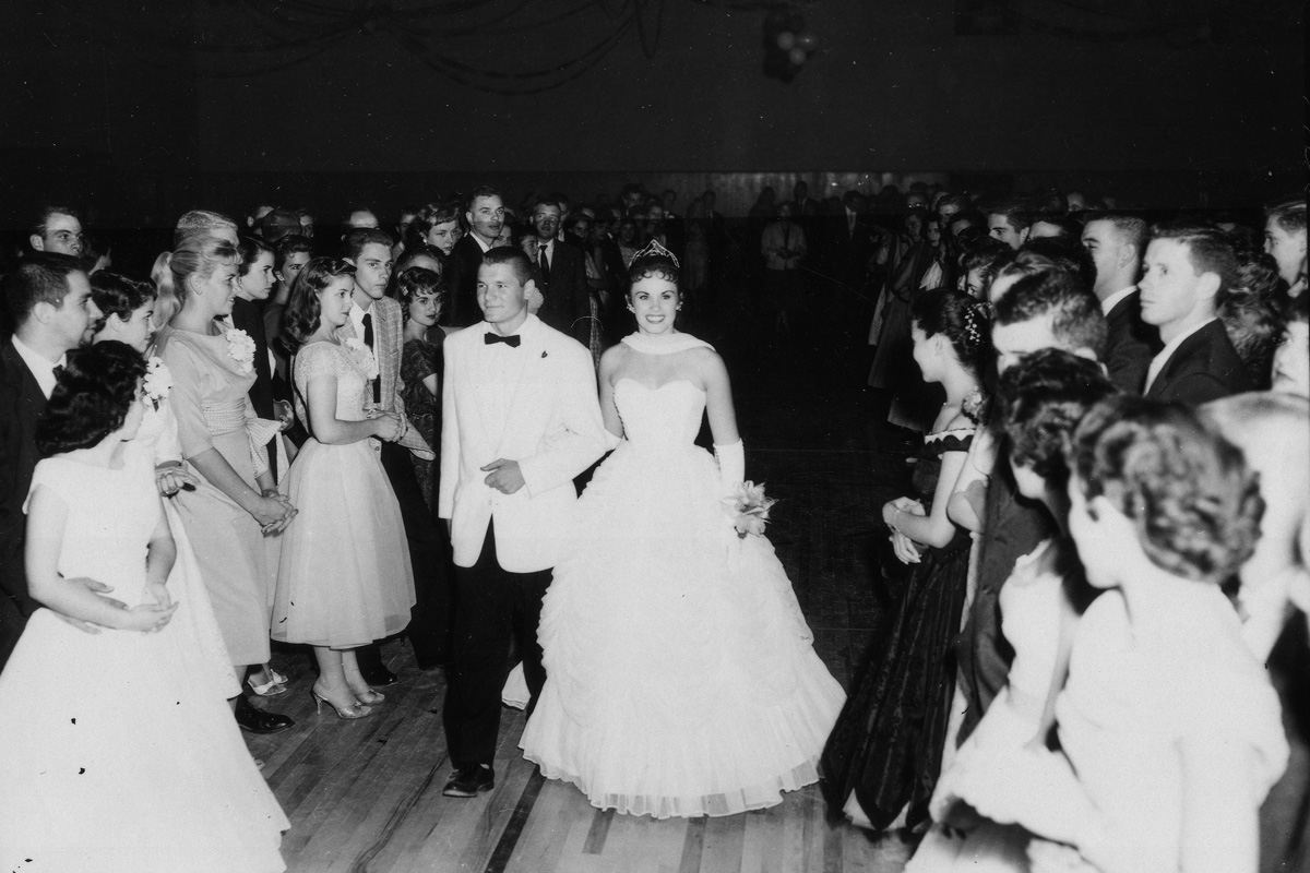 Mr. Cal Poly and Poly Vue Queen at the Poly Vue Dance at Cal Poly Pomona in 1956. Since CPP was an all-male campus until 1961, candidates for Poly Vue Queen in the early years were selected from neighboring coed and all-female schools. 