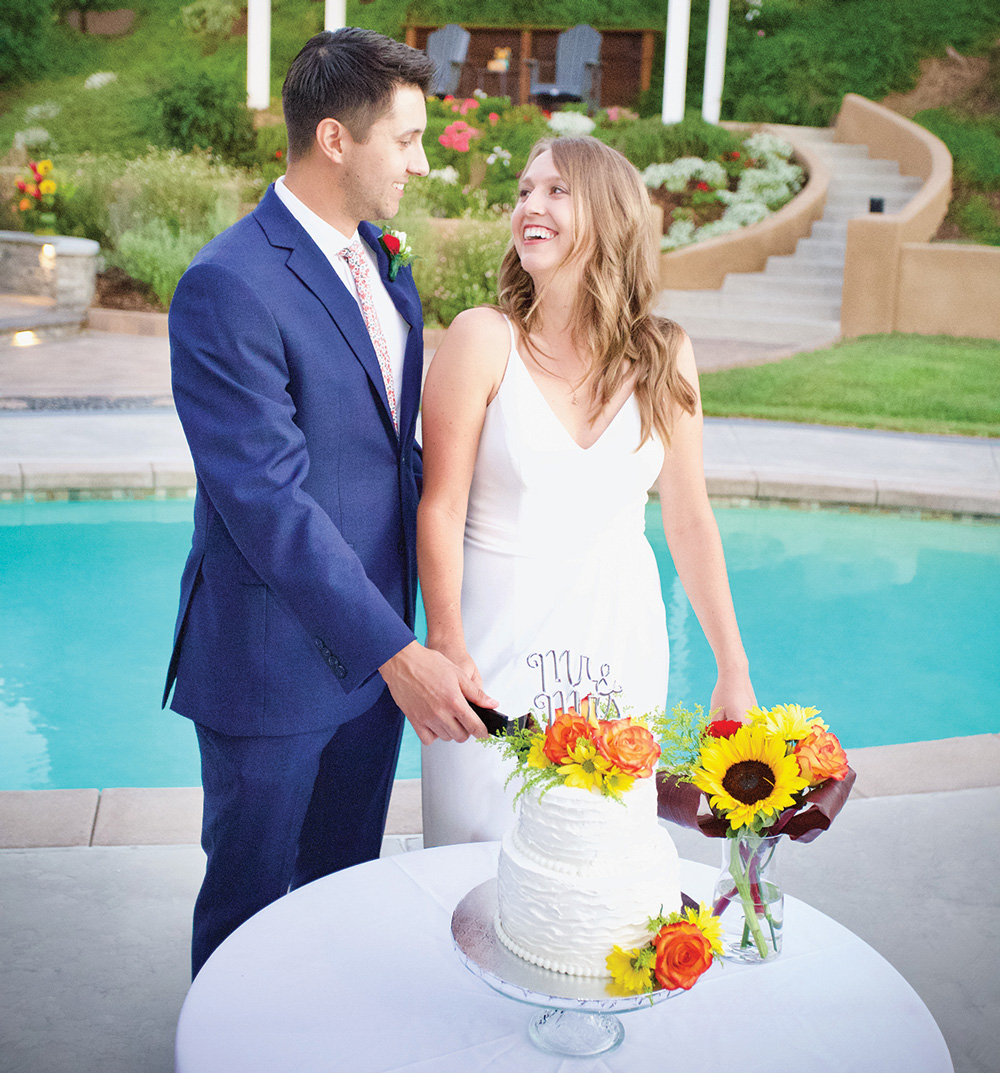 SDSU alumni couple Ryan Schuler ’13 and Maggie McCormick ’14 tie the knot in the backyard at McCormick’s parents’ home in San Diego, July 18, 2020.