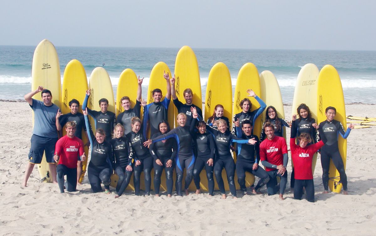 Students in a San Diego State surf class hang loose before hitting the waves.